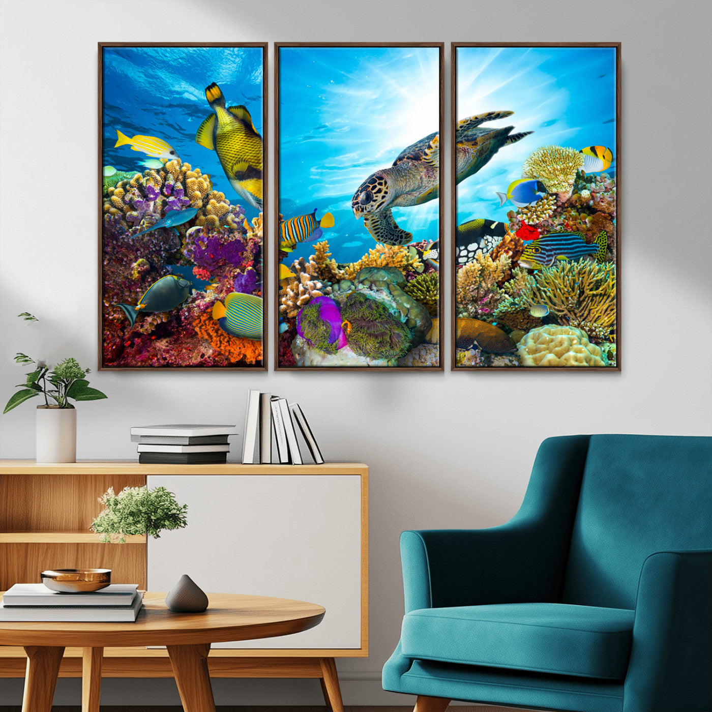 -Colorful Coral Reef and Sea Life Turtle Canvas Print, Underwater Tropical Ocean Wall Art for Home