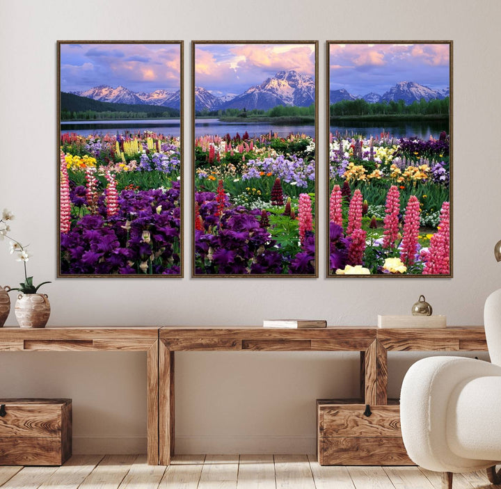 A Vibrant Wildflower Garden and Mountain View Giclee Print is displayed prominently on the wall.