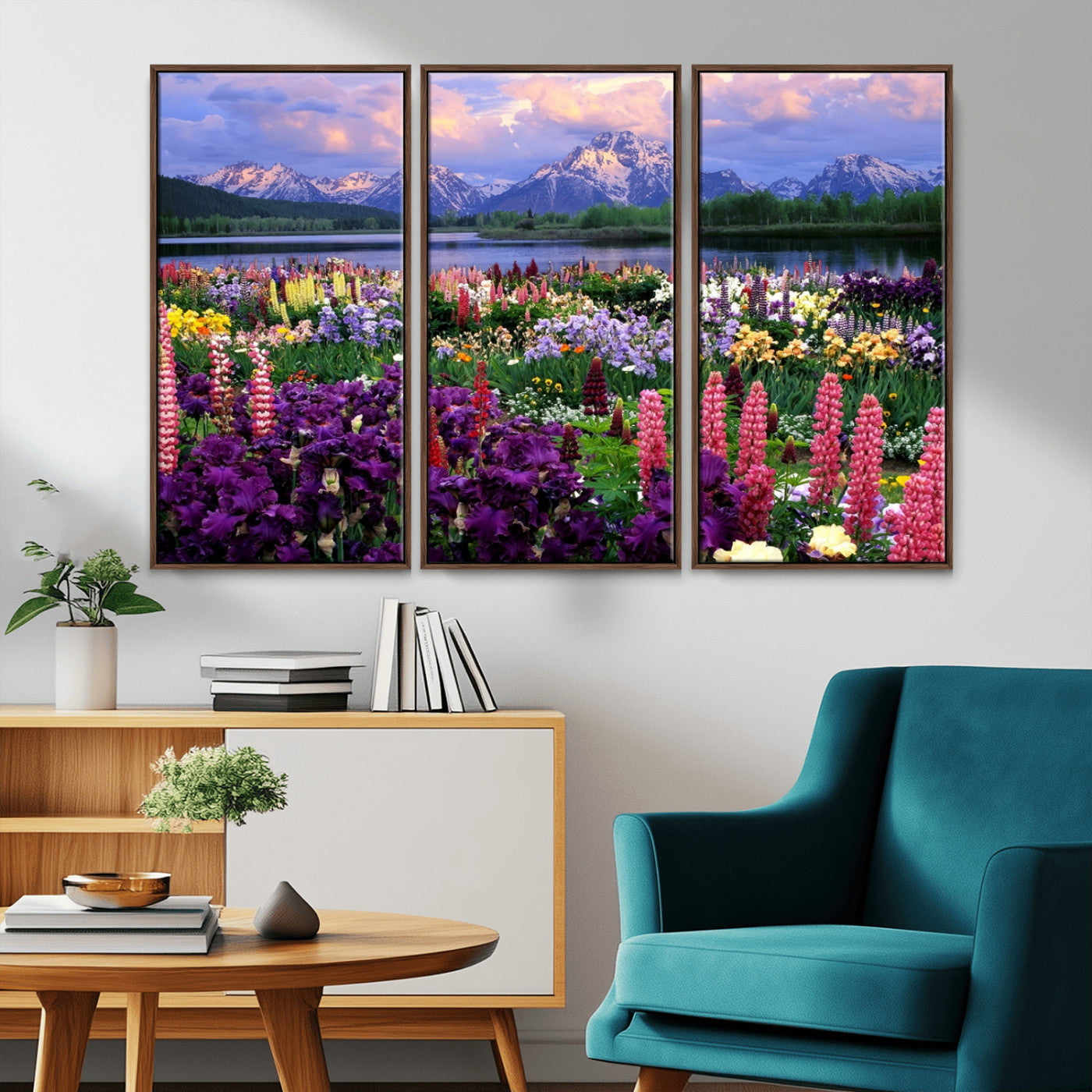 MGV-FC-48X32-3P - Vibrant Wildflower Garden and Mountain View Giclee Canvas Print | Floral Wall Art for Living Room