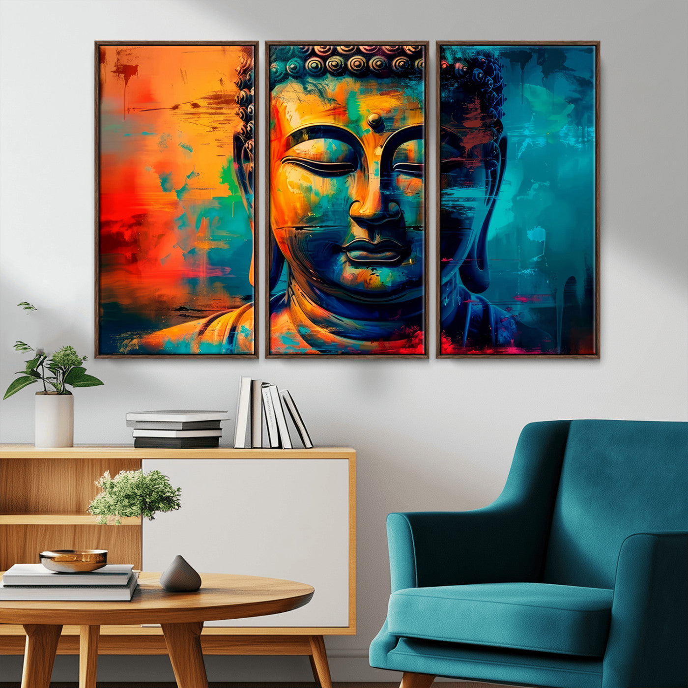 A vibrant, abstract artistic rendition of a Buddha statue face, blending bold and contrasting colors to evoke a sense of peace, spirituality, and enlightenment.