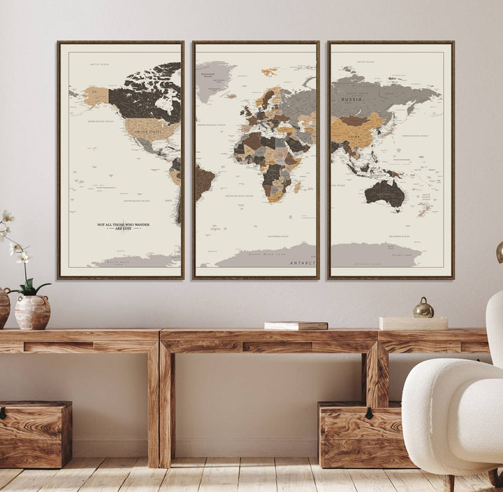 Antique-style world map canvas print with Not all those who wander are lost, perfect for vintage decor.