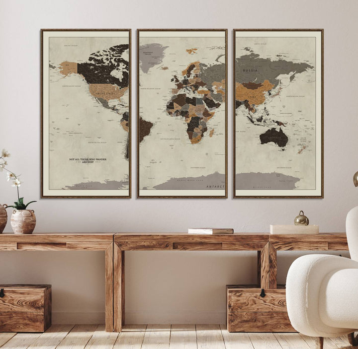 A vintage world map on beige canvas, featuring countries in brown and black shades.
