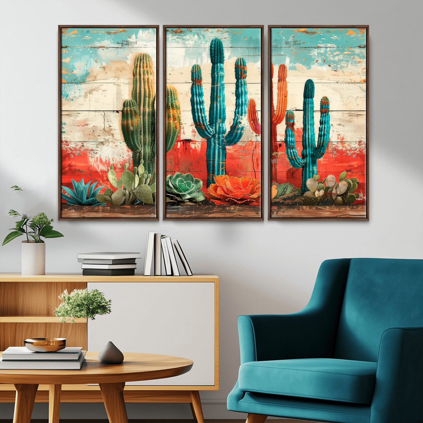 A vivid southwestern-style artwork featuring an eclectic mix of cacti and succulents painted against a textured, rustic wood backdrop in rich turquoise, red, and orange hues.