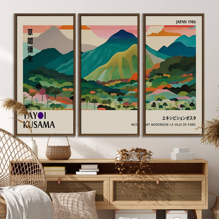 Vibrant Kusama landscape canvas featuring floral mountains and botanical decor, ideal for a modern home.