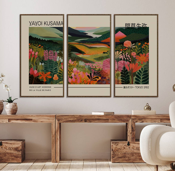 A Yayoi Kusama Landscape Canvas Print brightens the wall with vibrant floral and mountain art.