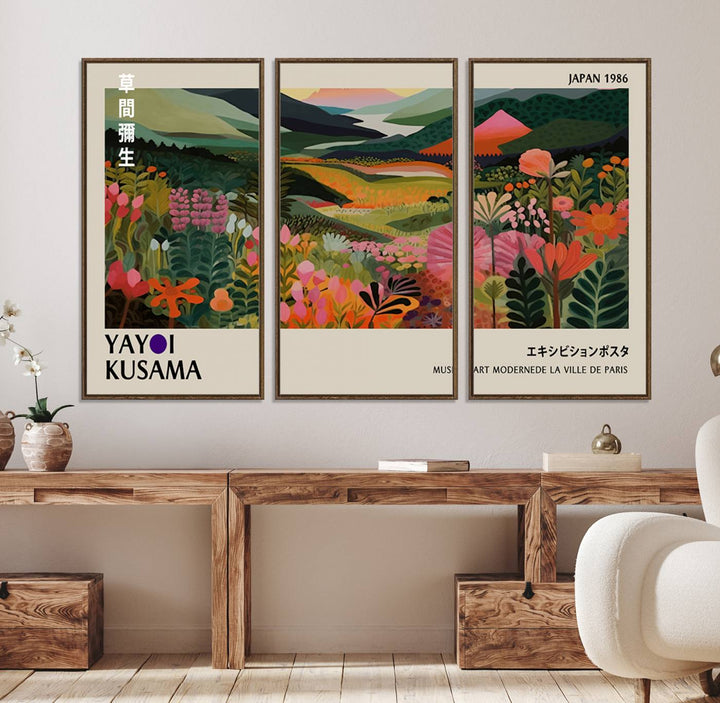 Yayoi Kusamas Landscape Canvas Print with vibrant floral mountain art adorns the wall.