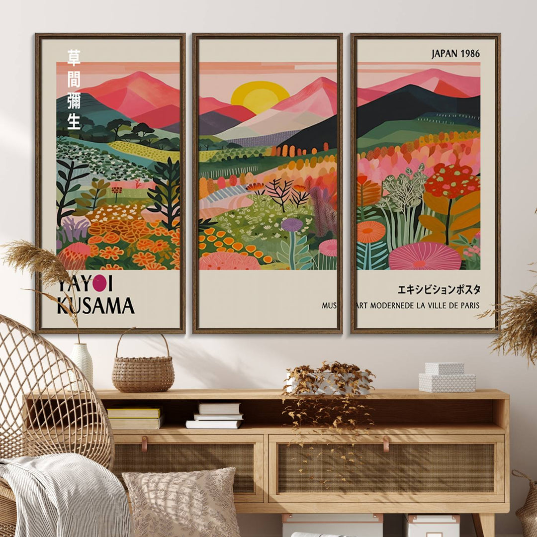 The wall art includes a vintage world map and Yayoi Kusamas colorful landscape.