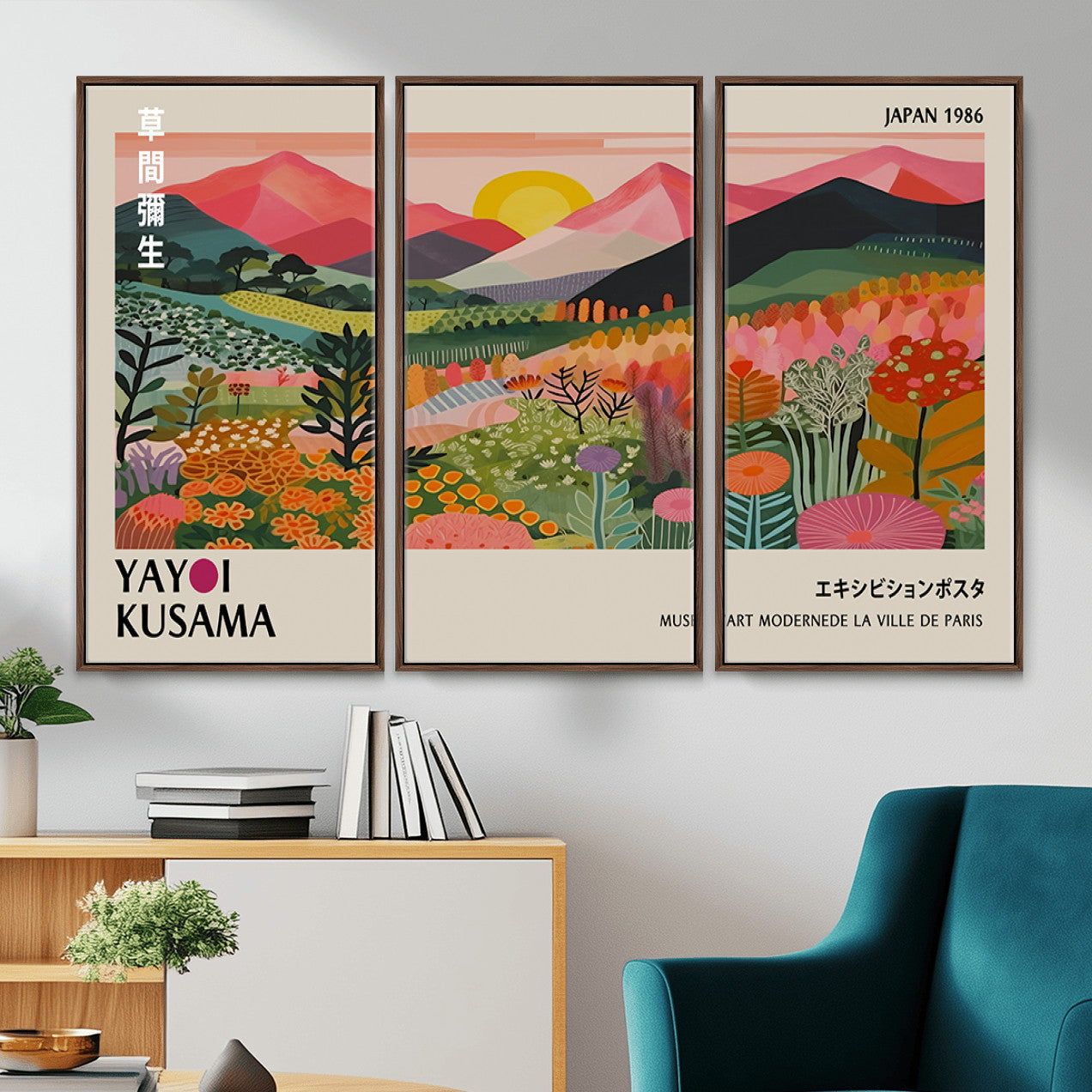 30051-MGV-CV-36X24 - Yayoi Kusama Landscape Canvas Print, Vibrant Floral Mountain Art Print, Framed Botanical Wall Art