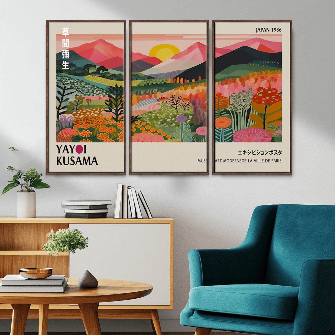 MGV-FC-48X32-3P - Yayoi Kusama Landscape Canvas Print, Vibrant Floral Mountain Art Print, Framed Botanical Wall Art -