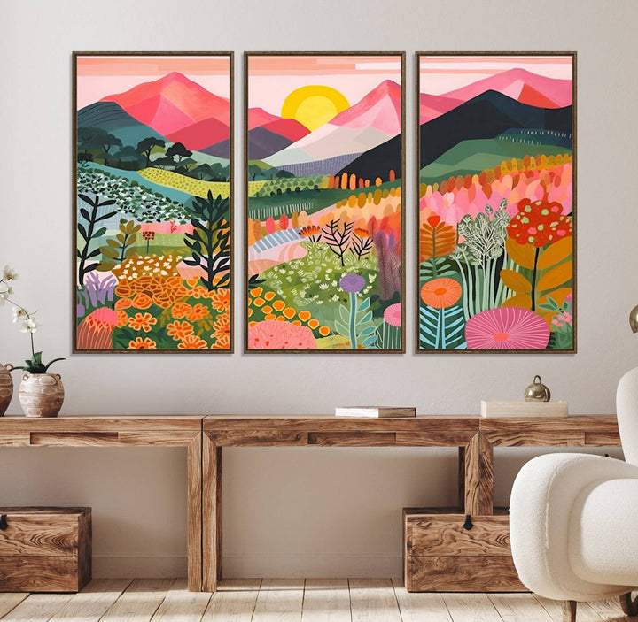 Vibrant abstract landscape canvas: Yayoi Kusama 1986 wall art print featuring mountains, sun, and flowers. Ready-to-hang.