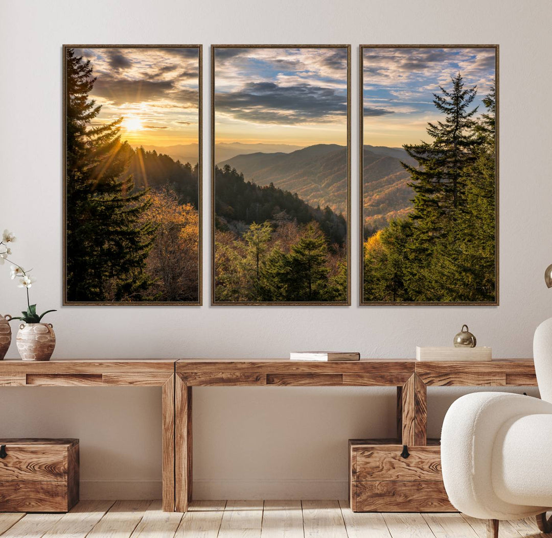 A triptych canvas titled Sunrise Over the Smoky Mountains adorns the wall.