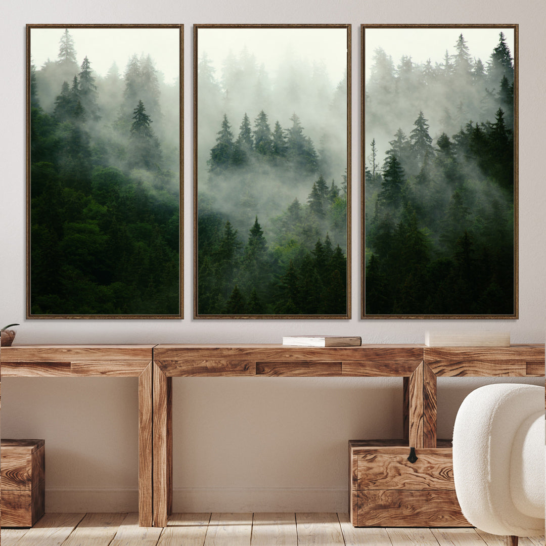 Misty Forest Wall Art Canvas Print - Foggy Forest Landscape Canvas Wall Art – Serene Triptych Nature Print – Woodland Landscape Decor