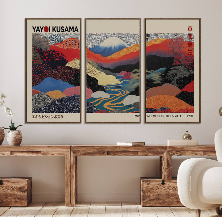 The room showcases Kusamas 1986 vibrant abstract landscape wall art print.