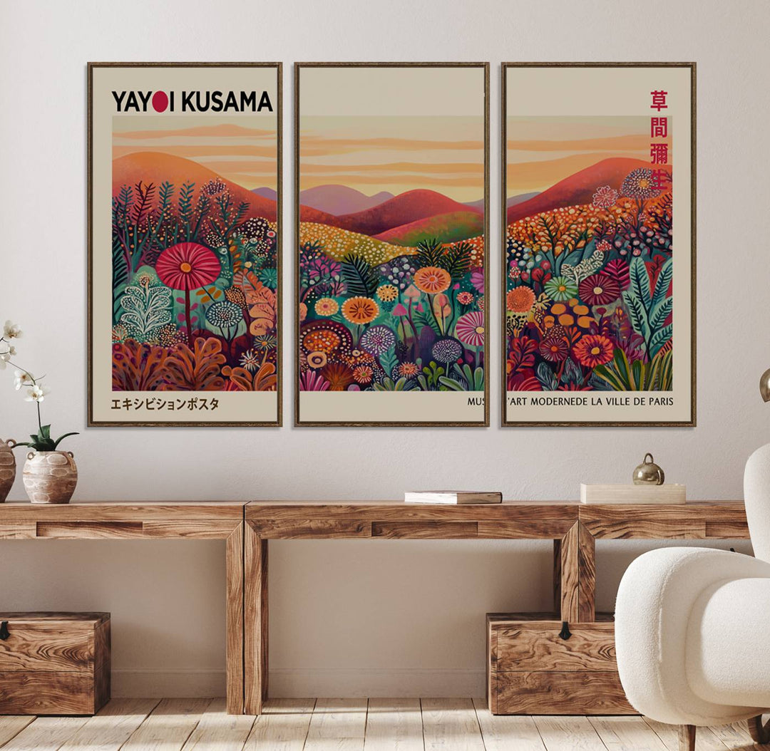 A framed Yayoi Kusama abstract landscape art print adorns the wall.