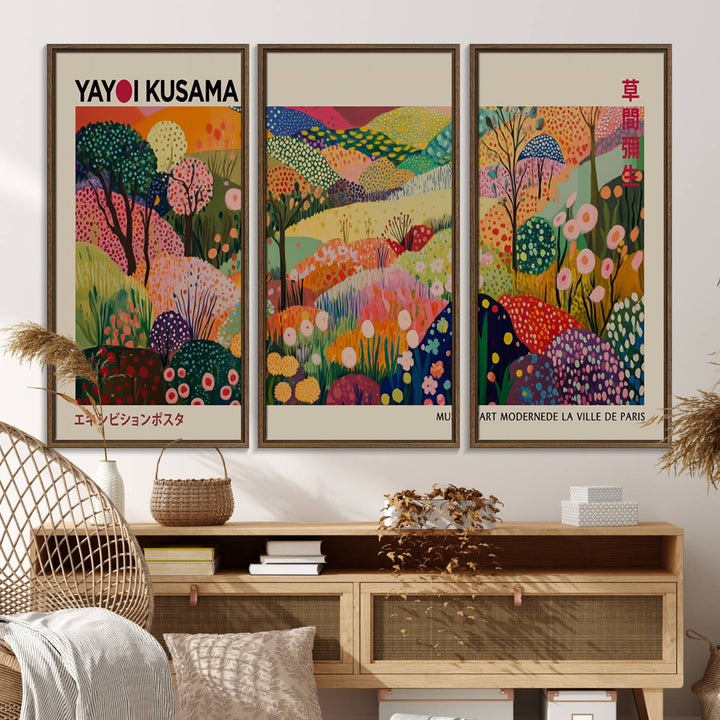 The Framed Yayoi Kusama 1986 Wall Art Print brings vibrant abstract landscapes to enhance the wooden wall.