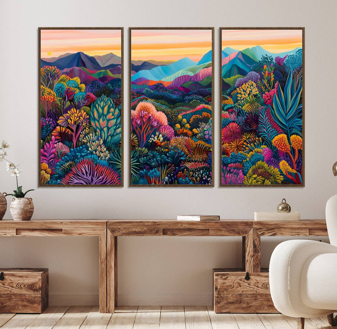A colorful abstract wall art print canvas adorns the space.