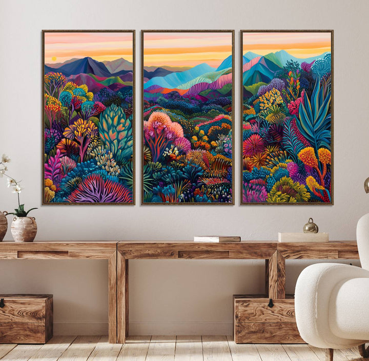 A colorful abstract wall art print canvas adorns the space.