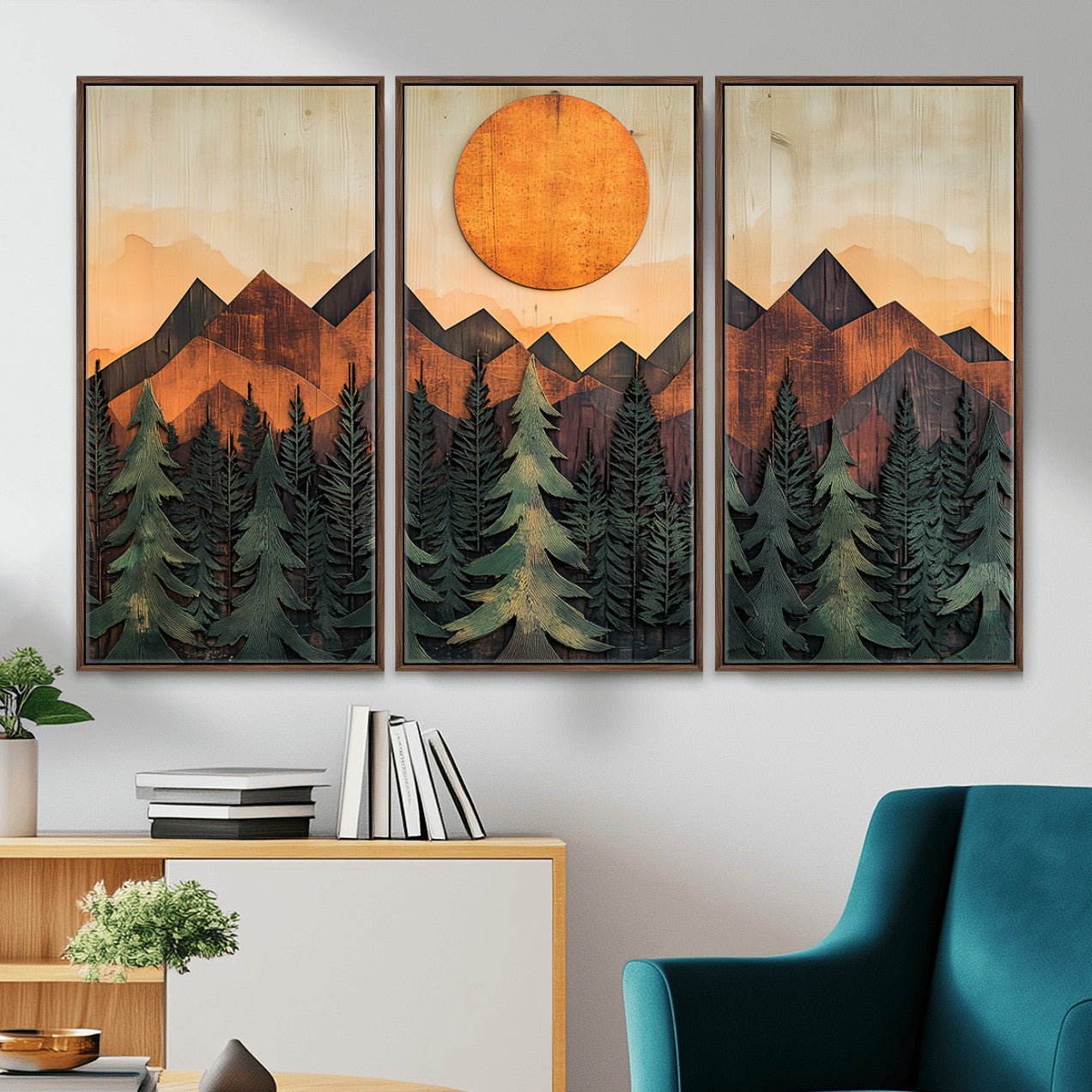 77739-MGV-CV-36X24 - Wood Style Sunset Mountain Landscape Canvas Wall Art Print - Nature Decor for Living Room, Office