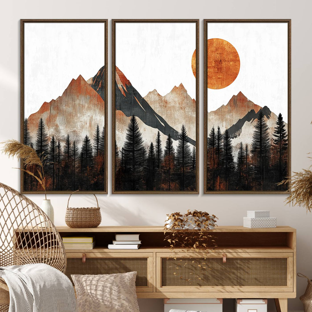 The "Modern Abstract Mountain Canvas Wall Art Print" in the living room features an abstract landscape of mountains, trees, and a warm-toned sun.