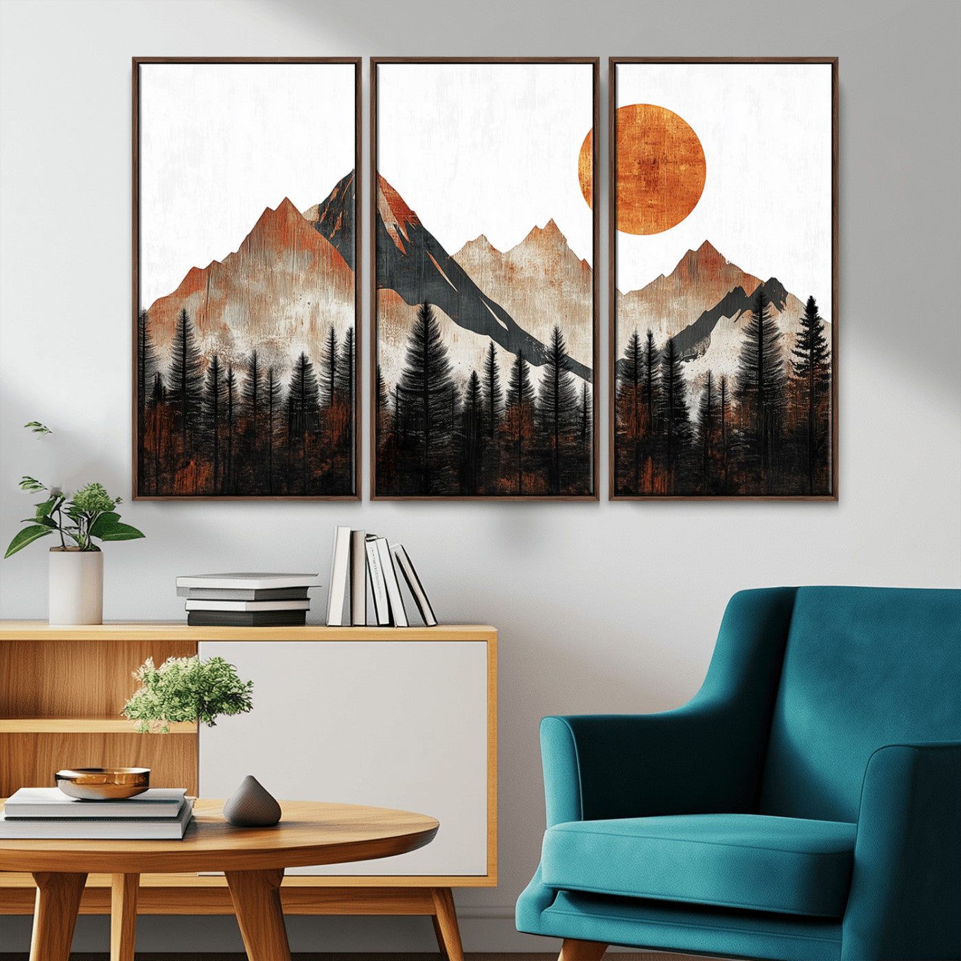 MGV-FC-48X32-3P - Modern Abstract Mountain Canvas Wall Art Print, Abstract Landscape Print, Rustic Sun and Mountains