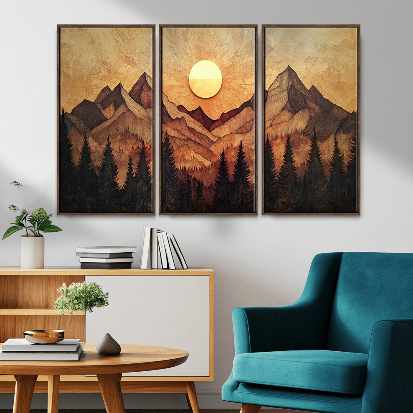 MGV-FC-48X32-3P - Wood Style Abstract Mountain Sunset Canvas Wall Art Print - Warm Earth Nature-Inspired Decor for