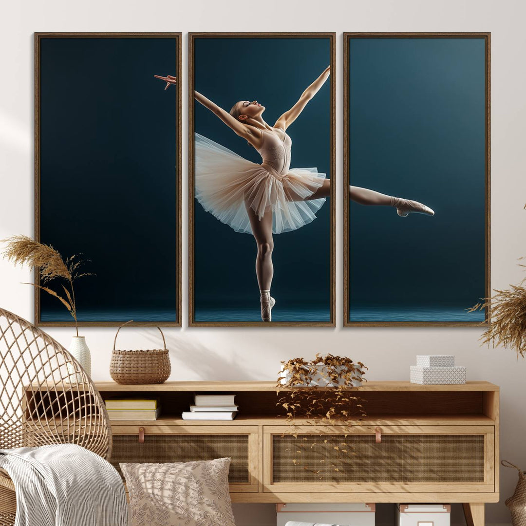 This stunning Ballerina Canvas Wall Art Print captures the elegance of a ballet dancer in motion, beautifully highlighted against a stage-like backdrop with delicate decor and natural elements. As graceful dance-inspired wall decor, it adds an element of grace and movement to any living room, office, or bedroom and is ready to hang.