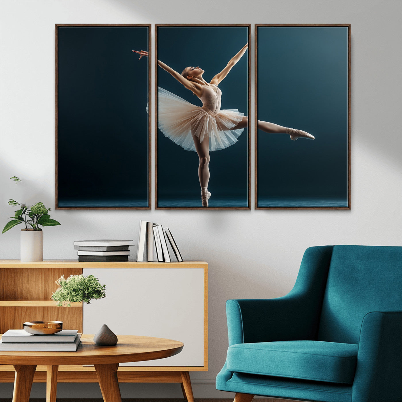 An elegant ballerina captured mid-pose on pointe, radiating grace and strength in a perfectly lit studio setting, her tutu fanned out in delicate symmetry.