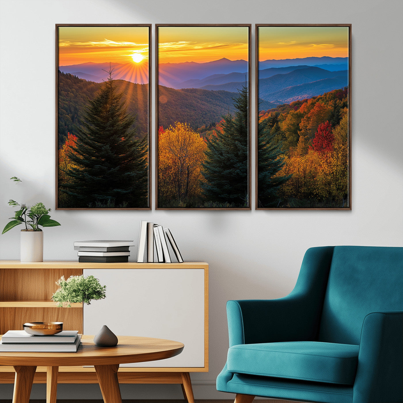 MGV-FC-48X32-3P - Golden Sunset Over Mountain Forest Canvas Wall Art Print - Warm Nature-Inspired Landscape for Living