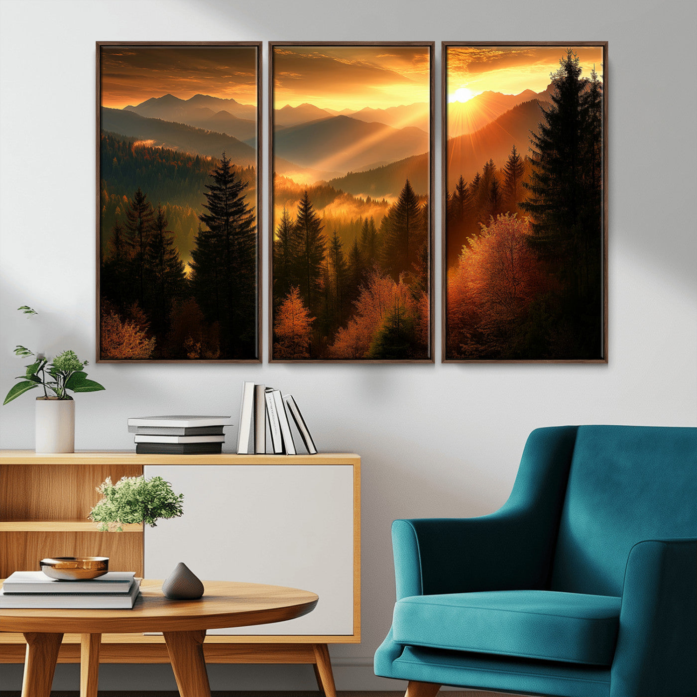 MGV-FC-48X32-3P - Golden Sunset Over Mountain Forest Canvas Wall Art Print - Warm Nature Landscape Print