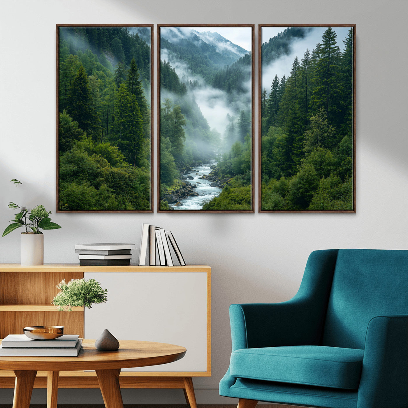 MGV-FC-48X32-3P - Mountain Forest River Canvas Wall Art Print - Serene Nature Landscape for Living Room, Office, or