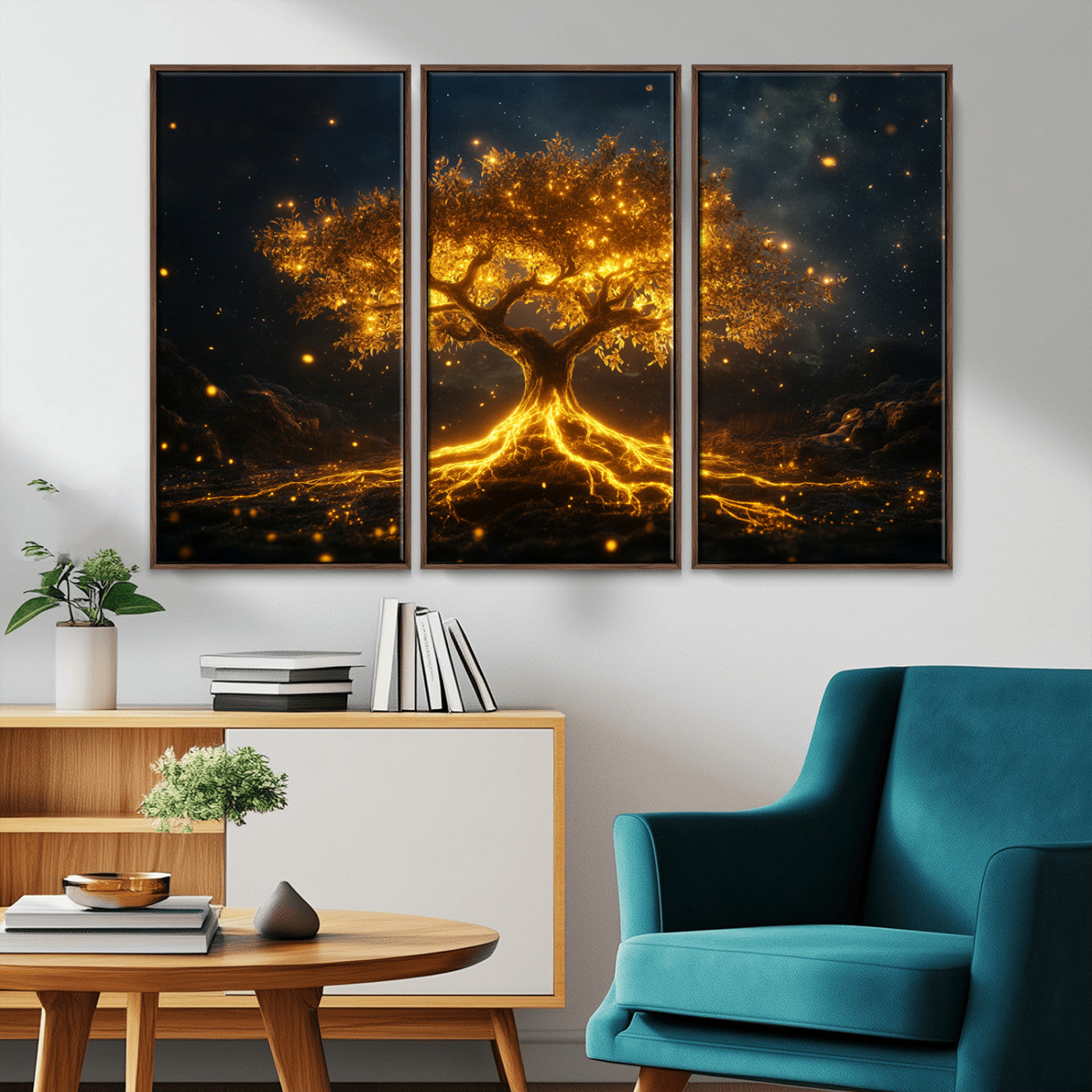 MGV-FC-48X32-3P - Golden Tree of Life Canvas Wall Art Print - Majestic Glowing Tree Design for Living Room, Office, or