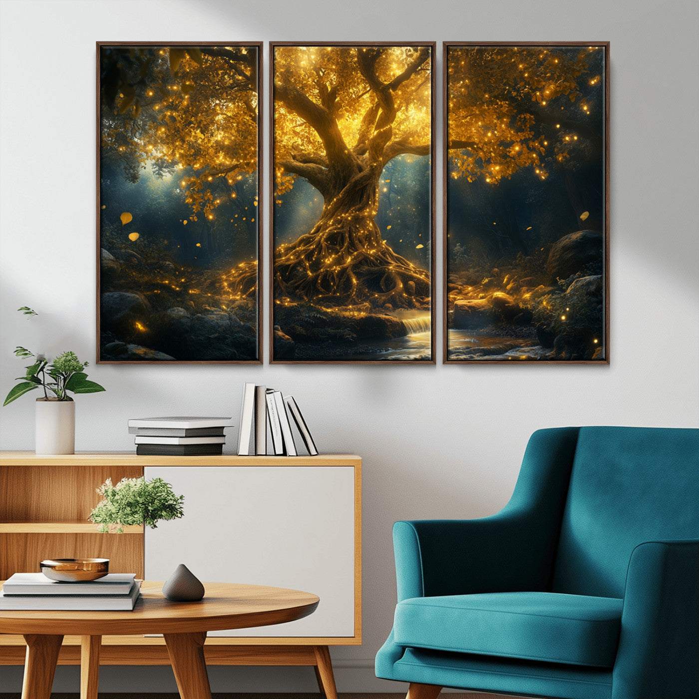 MGV-FC-48X32-3P - Golden Tree of Life Canvas Wall Art Print - Majestic Glowing Tree Wall Art Print