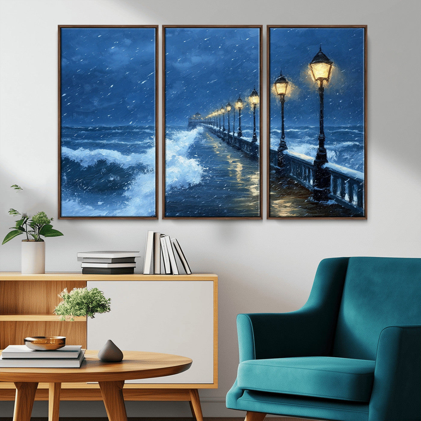 MGV-FC-48X32-3P - Stormy Ocean Pier Lights Canvas Wall Art Print - Large Moody Night Scene for Living Room, or Office,