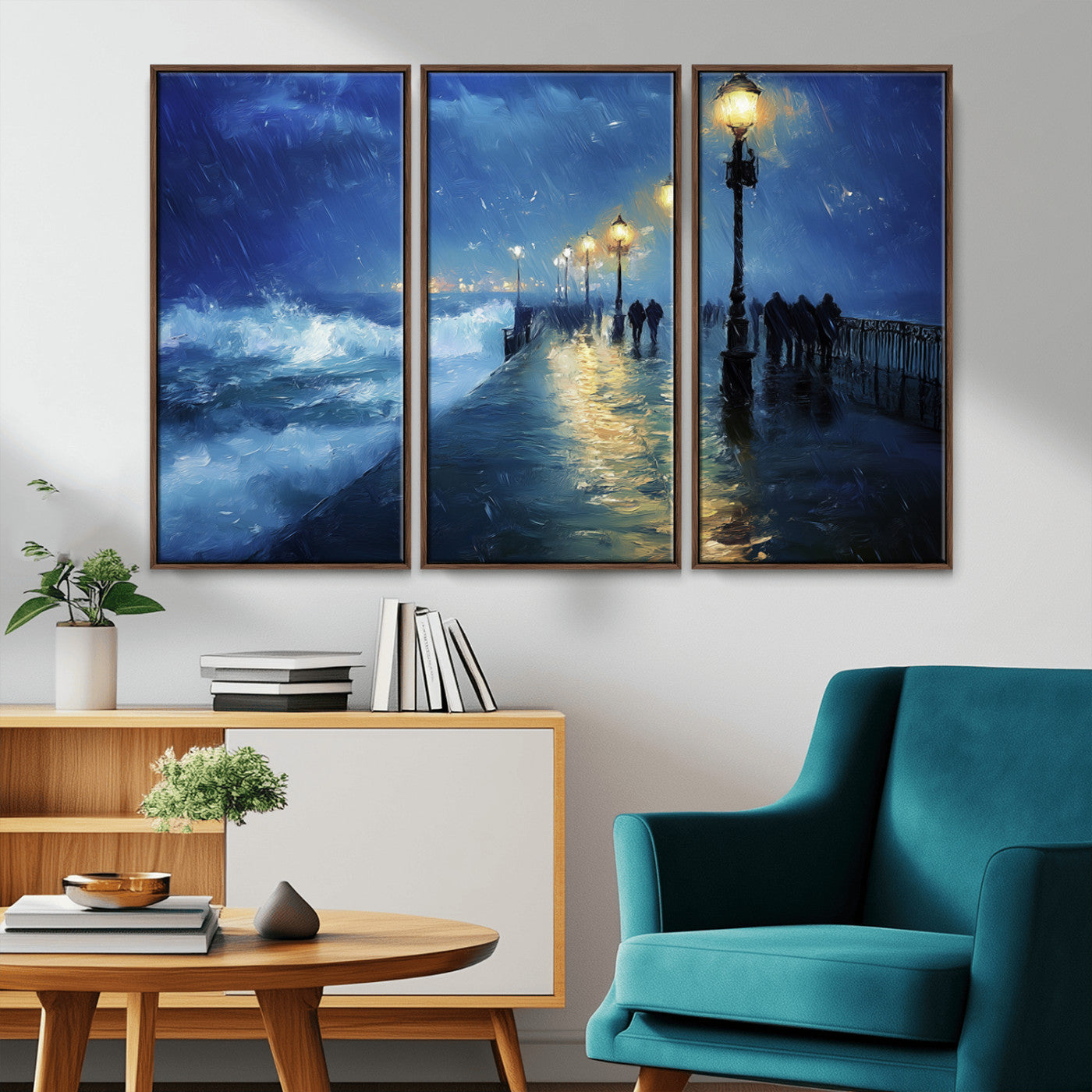 MGV-FC-48X32-3P - Abstract Stormy Ocean Pier Canvas Wall Art Print | Stormy Ocean Art | Large Moody Night Scene Print,