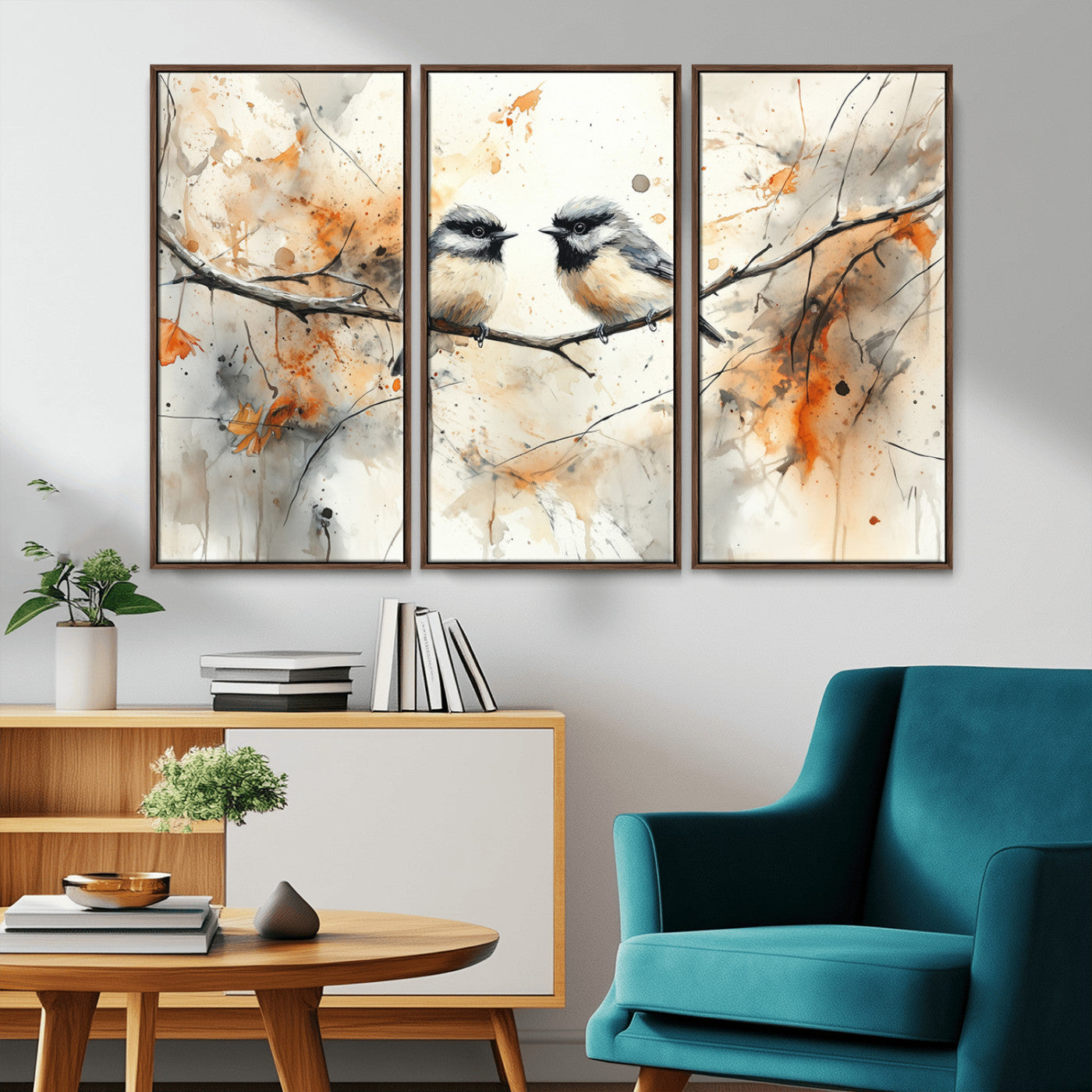 MGV-FC-48X32-3P - Abstract Watercolor Chickadee Bird Canvas Wall Art Print - Large Bird and Branch Wall Art, Modern