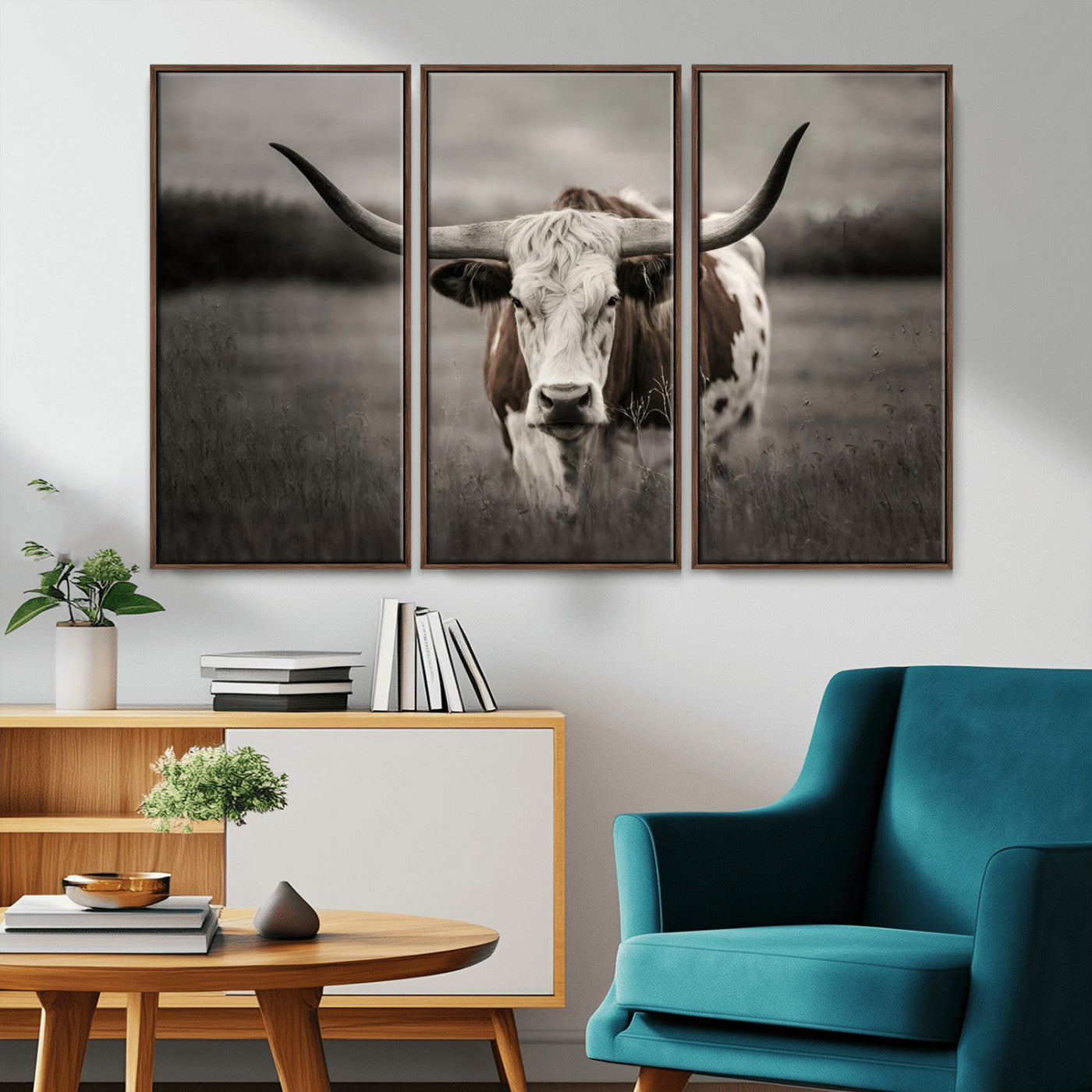 MGV-FC-48X32-3P - Texas Longhorn Cow Canvas Wall Art Print - Large Rustic Longhorn Art for Living Room, Western Wall