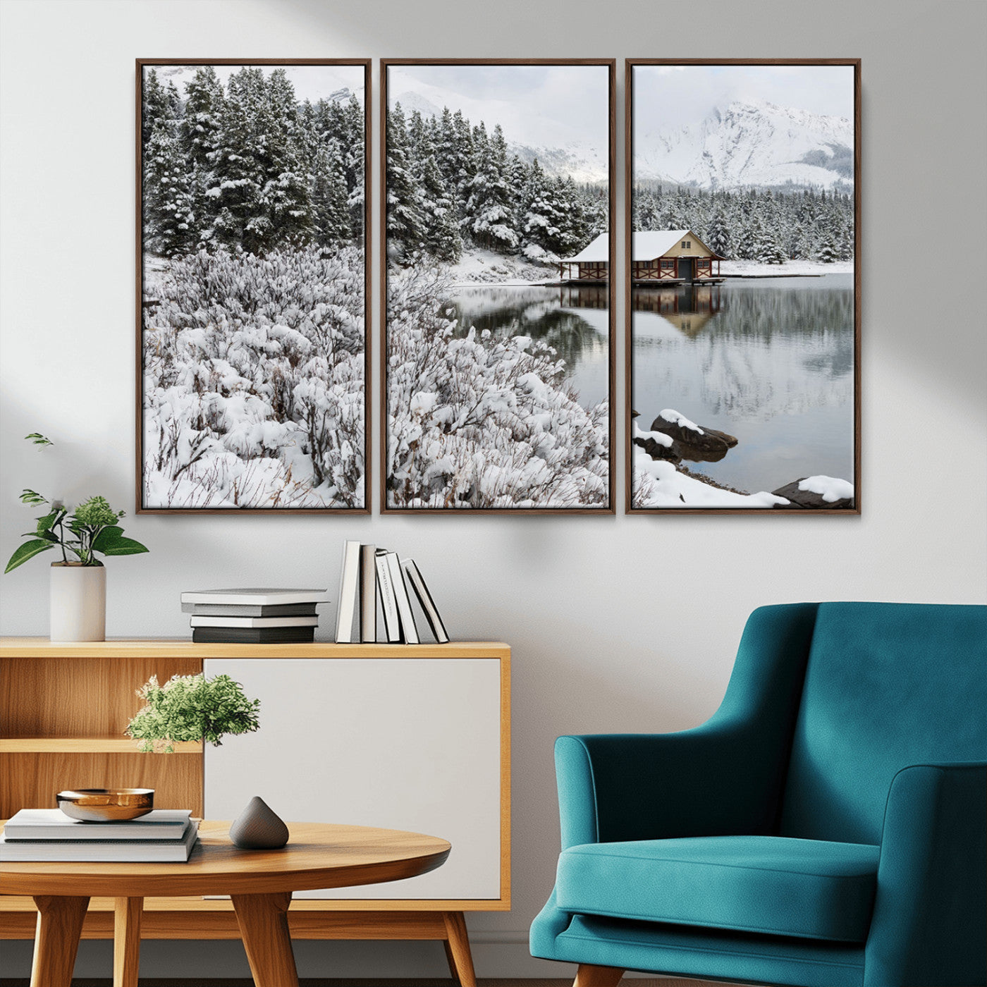 MGV-FC-48X32-3P - Winter Wall Art - Cabin by the Lake Canvas Wall Art - Serene Snowy Landscape with Mountain View,