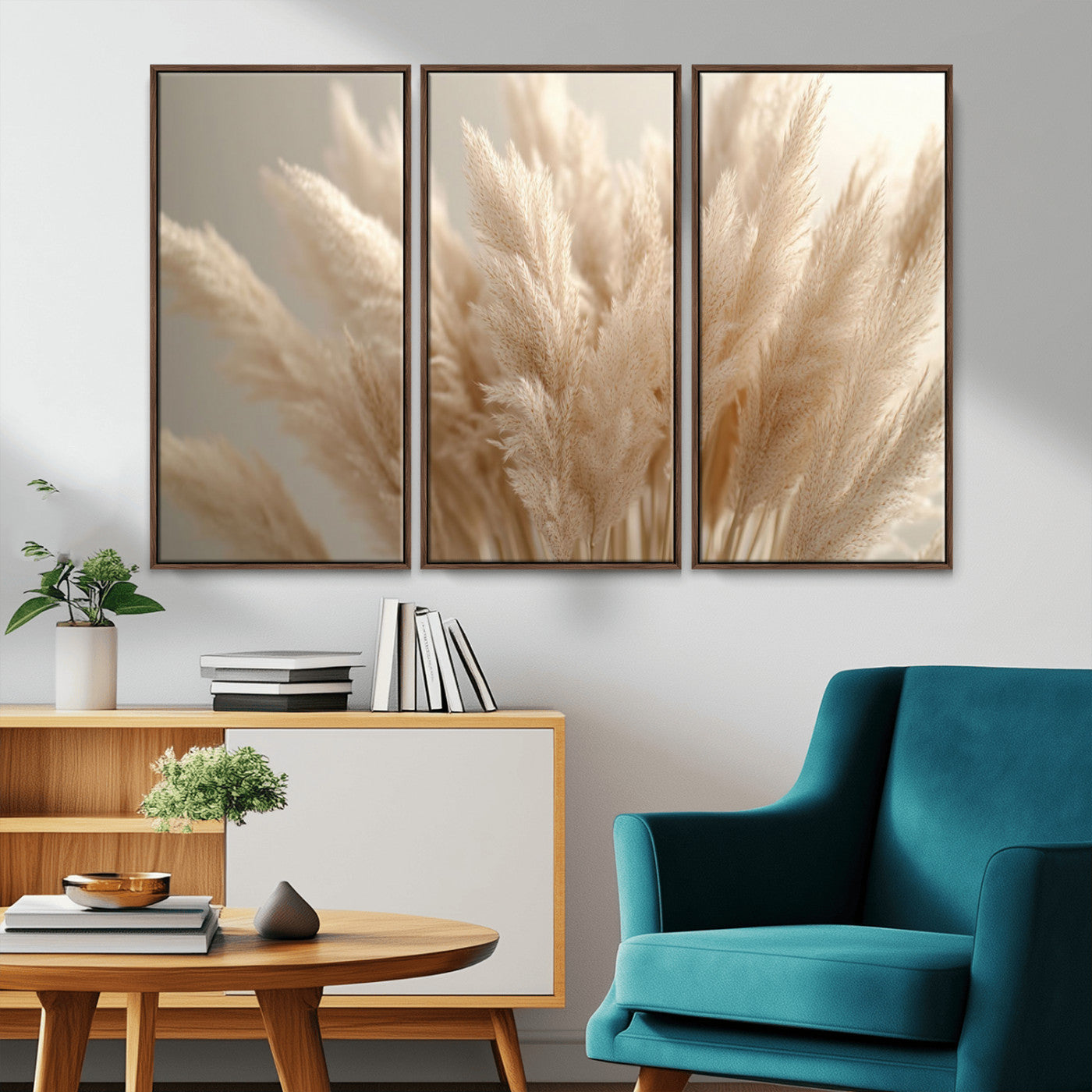 MGV-FC-48X32-3P - Pampas Grass Canvas Wall Art - Elegant Neutral Decor for Living Room, Boho Minimalist Artwork, Ready