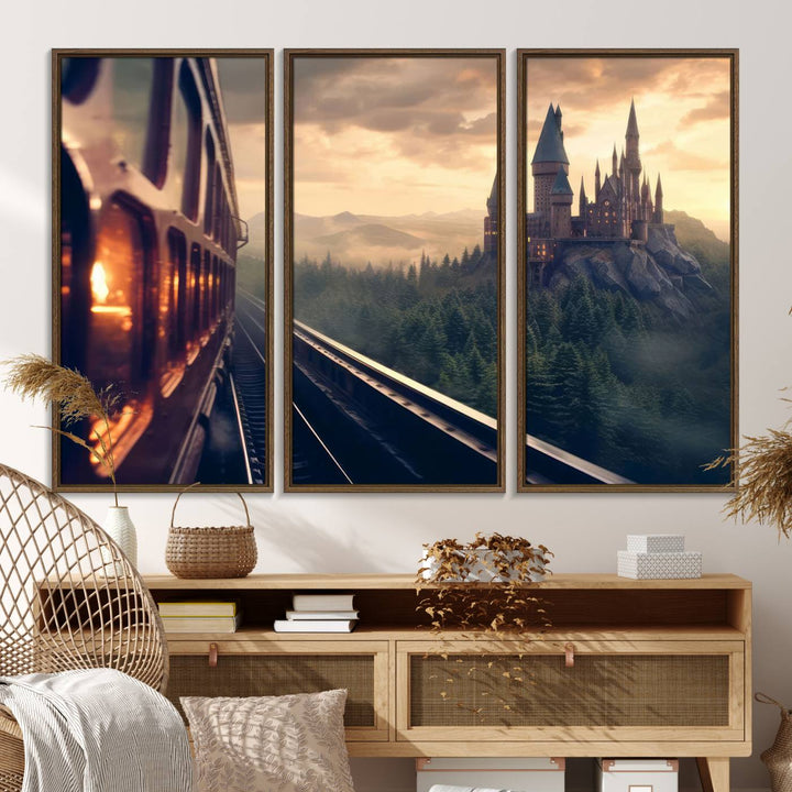 The "Harry Castle Wall Art Canvas Print," depicting a train and castle at sunrise, is elegantly featured with its gallery-quality finish in the modern living room.