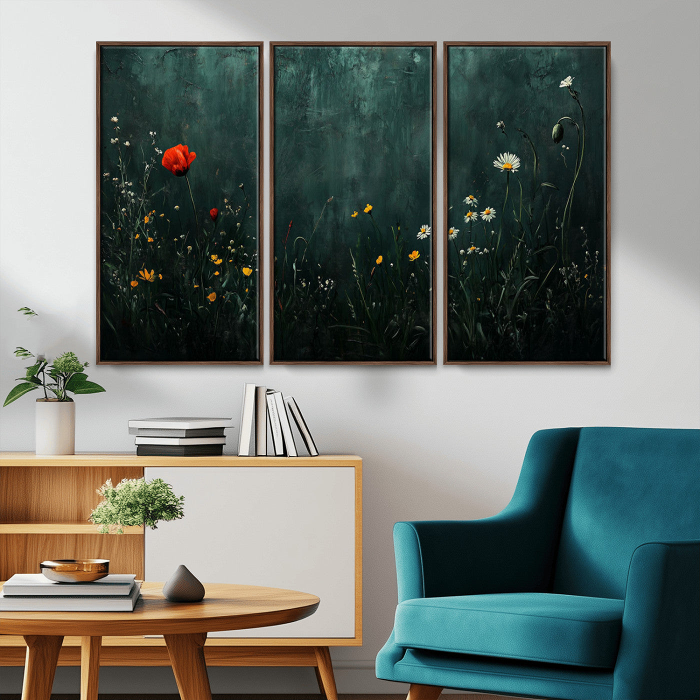MGV-FC-48X32-3P - Wildflower Field Framed Wall Art, Vintage Botanical Landscape Sign, Botanical Wall Art, Modern
