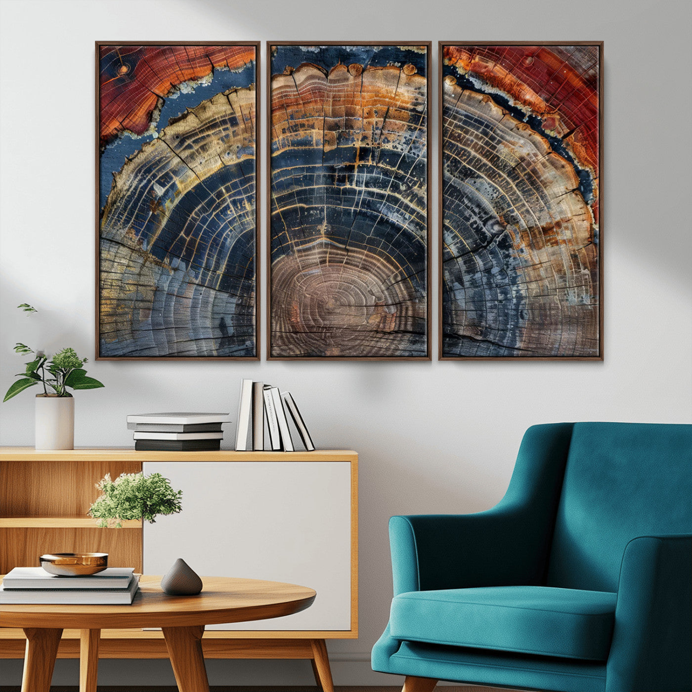 MGV-FC-48X32-3P - Abstract Tree Ring Wall Art, Colorful Framed Tree Ring Wall Decor, Minimalist Home Canvas Art,