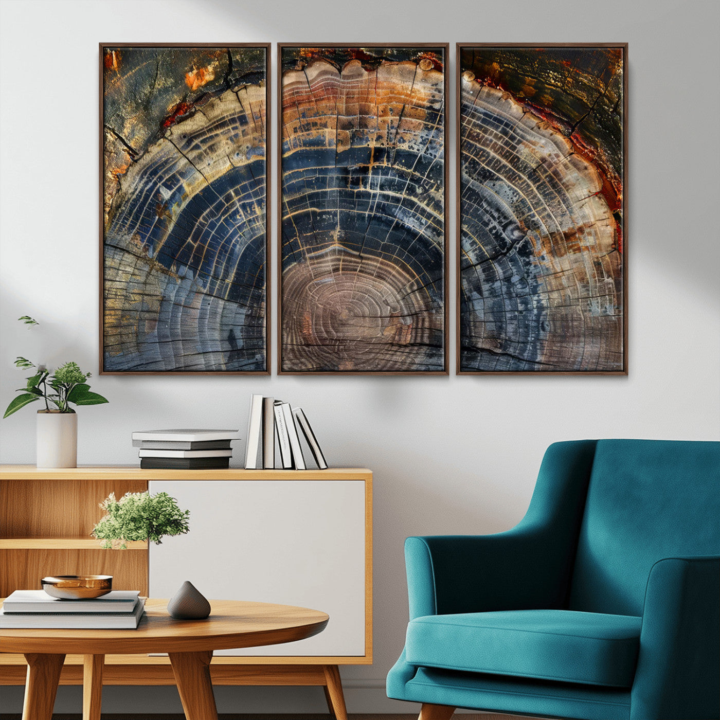 MGV-FC-48X32-3P - Framed Tree Ring Wall Art - Abstract Colorful Tree Ring Wall Decor, Minimalist Home Canvas Art,