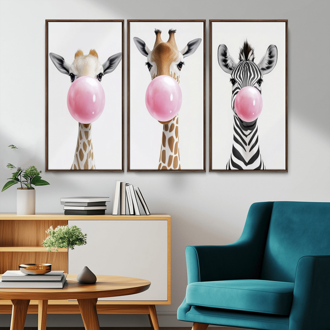 MGV-FC-48X32-3P - Bubblegum Animals Canvas Wall Art - Playful Giraffe and Zebra Trio, Fun Nursery Decor for Kids'