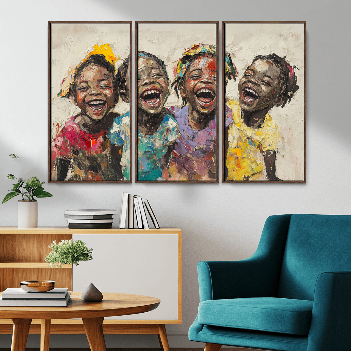 MGV-FC-48X32-3P - Shai Yossef style Joyful Childhood Canvas Wall Art - Expressive Impasto Painting of Black Children