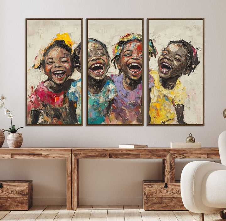 The Joyful Childhood Canvas Art by Shai Yossef, depicting kids laughing, is featured in the living room.