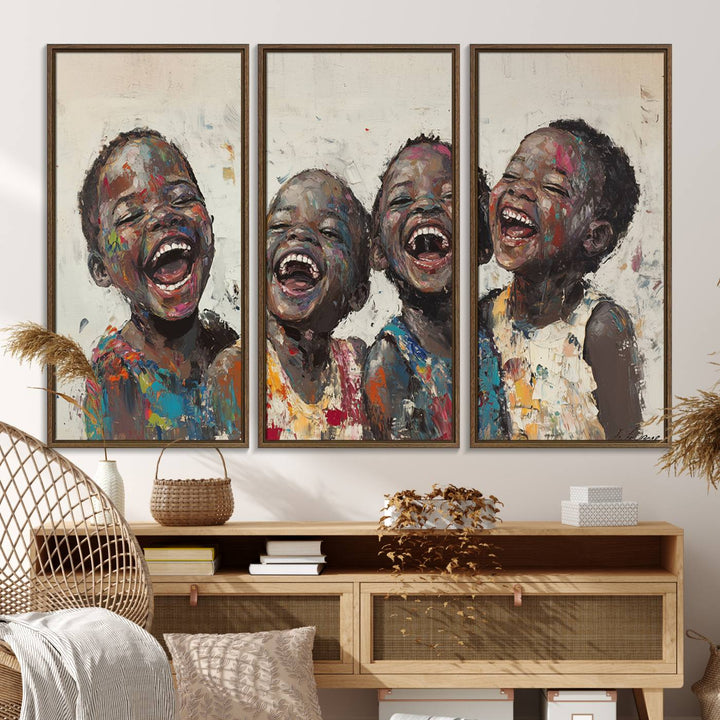 This Shai Yossef Print - Joyful Childhood Canvas Wall Art is an expressive impasto painting of laughing children. As framed abstract art for your living room, it adds a touch reminiscent of Shai Yossef's unique style to any living space.