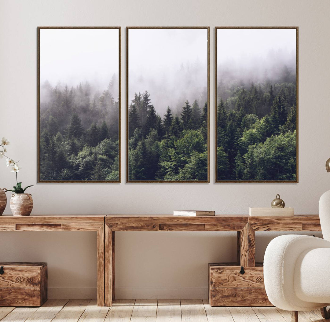 A serene triptych nature print featuring a misty forest, perfect as wall art.