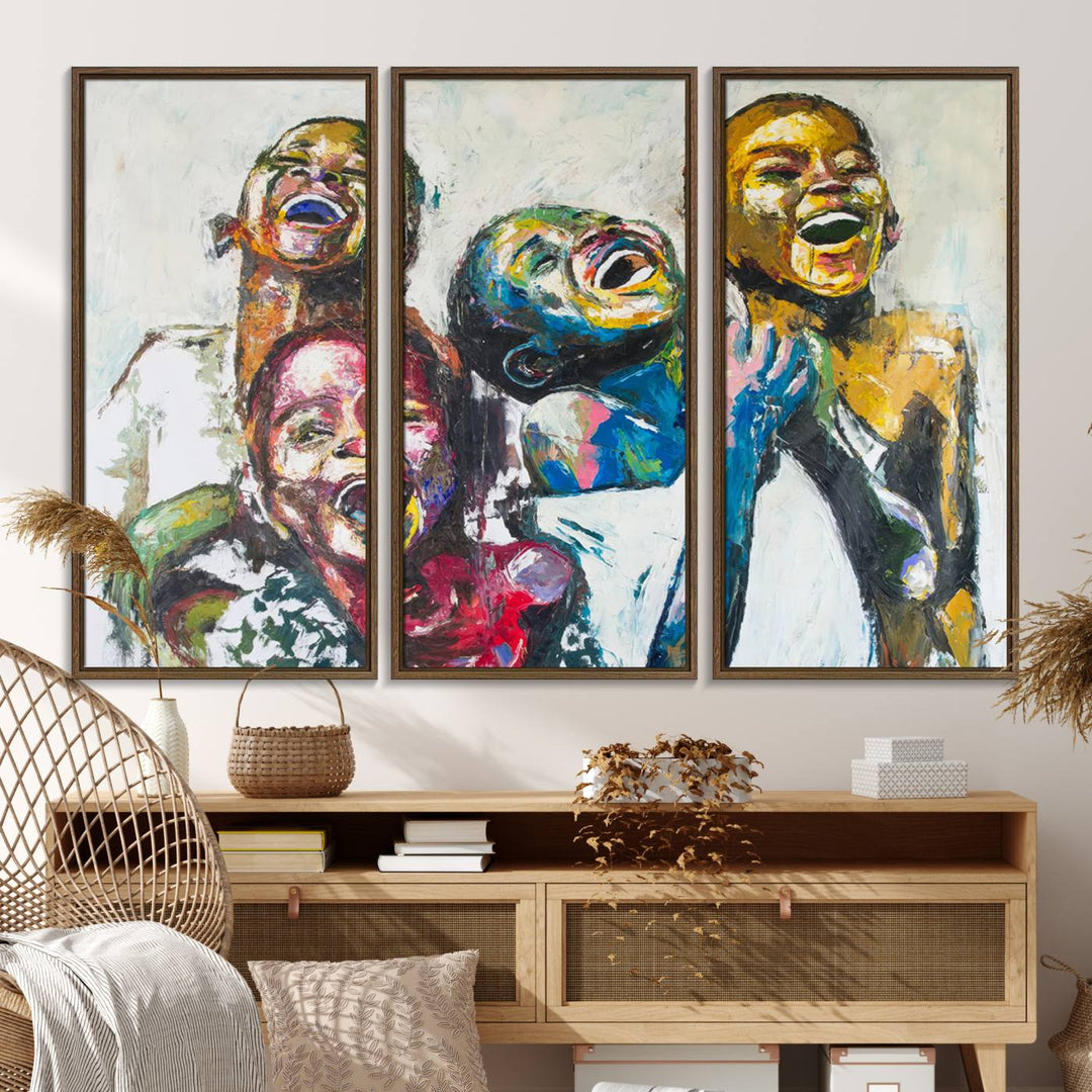 A multi-panel decor piece titled "Joyful African Black Kids" by Shai Yossef features a vibrant impasto painting of four children laughing and is elegantly displayed as premium canvas wall art.