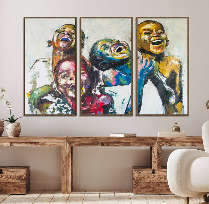 A vibrant Shai Yossef canvas art of joyful kids hangs prominently.