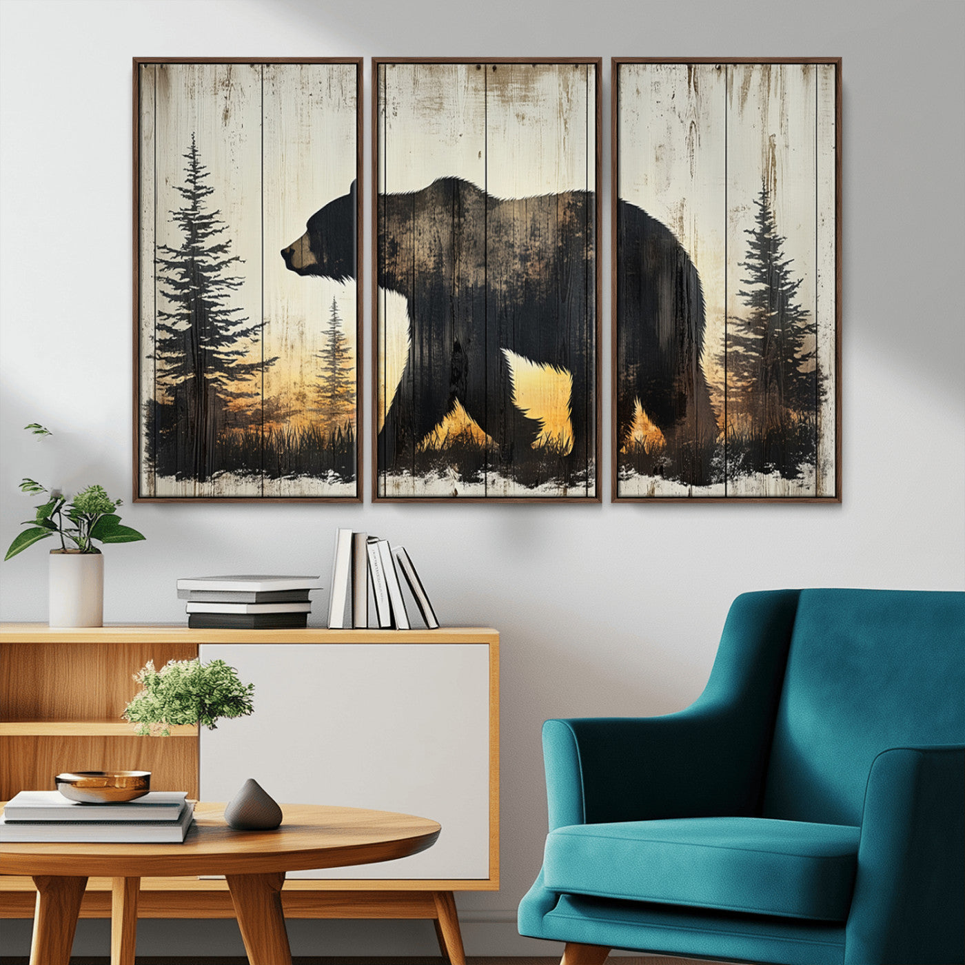 83875-MGV-CV-36X24-Vintage Bear Wall Art Canvas Print for Farmhouse - Mountain Wood Canvas Wall Art - Forest Silhouette
